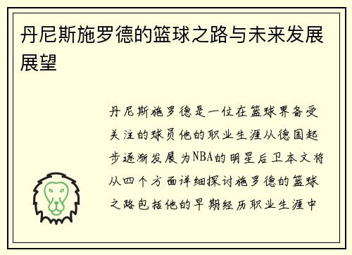 丹尼斯施罗德的篮球之路与未来发展展望